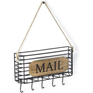 SRIWATANA Mail Organizer Wall Mount, Rustic Mail Holder Key Holder for Wall with Hooks, Small Size, Carbonized Black