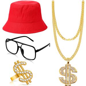 Gejoy 80s 90s Hip Hop Costume Kit Rapper Accessories Outfit Sunglass Hat Chain Ring for Men Women Halloween Party Decoration (Red)