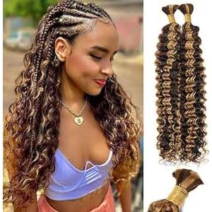 Ubinica No Weft Braiding Hair P4/27 Deep Wave Bulk Human Hair 2 Bundles Sub 100g 16 Inch Deep Wave Bulk Braiding Hair for Boho Braids
