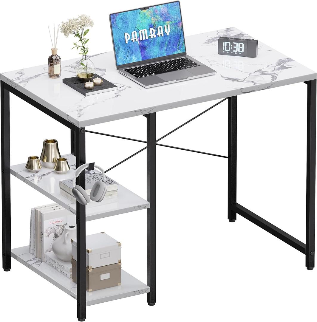 Pamray 32 Inch Small Computer Desk with Shelves, Home Office Desk with Headphone Hook for Bedroom, Study Writing PC Table for Small Spaces, Marble