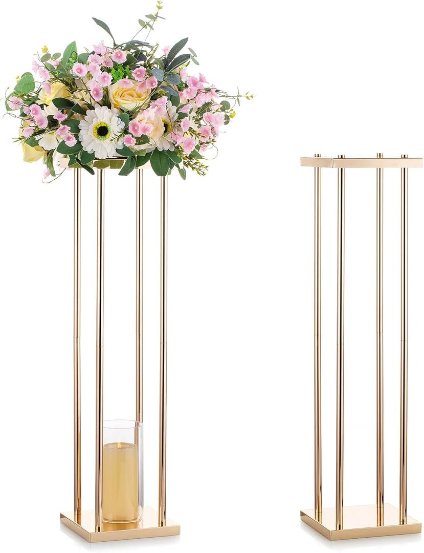 Sziqiqi Wedding Table Flower Centerpiece Decoration - Tabletop Metal Flowers Floor Stand Living Room 31.5inch Tall Vases Decor Geometric Rectangular Tables Centerpieces for Birthday Party Reception (Gold)