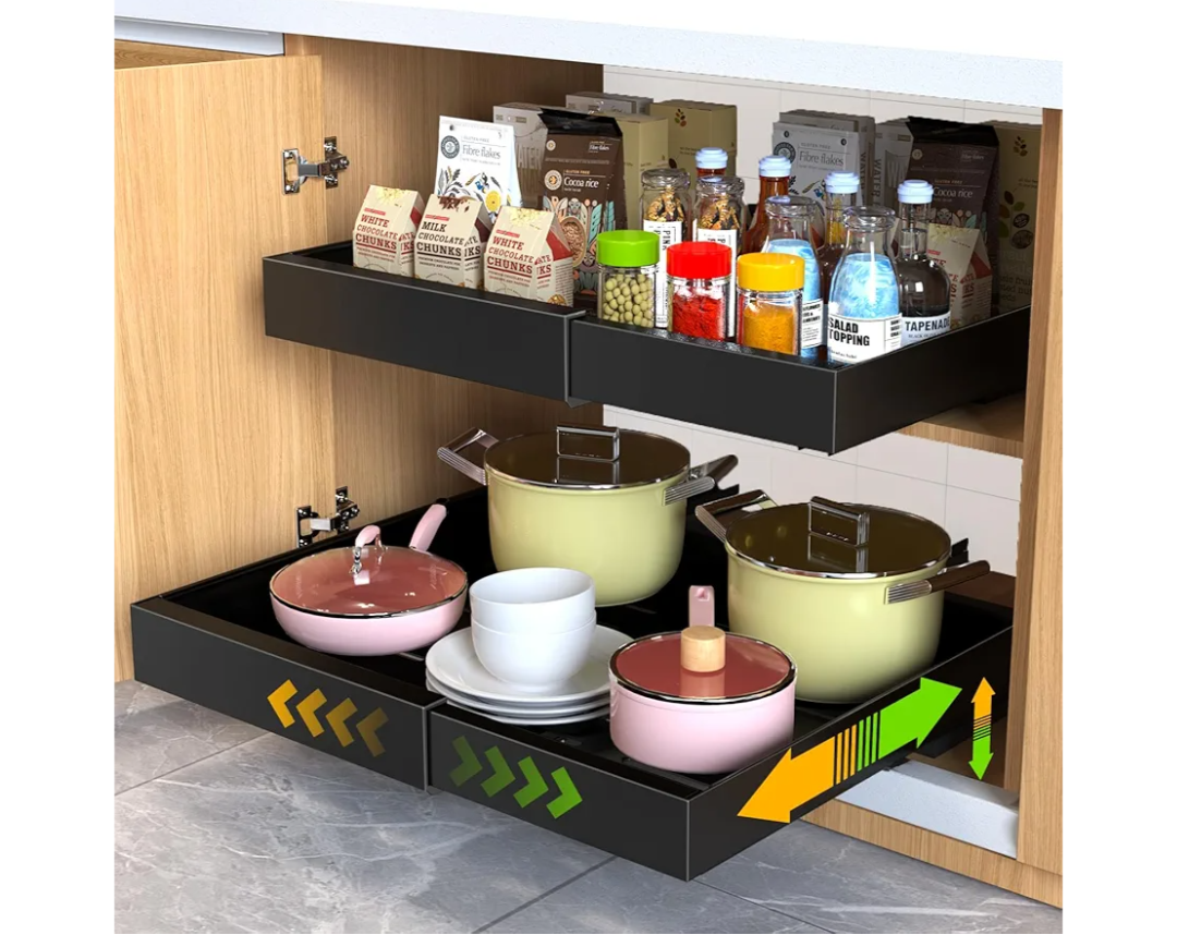 2 Pack Pull Out Cabinet Organizer,21" Deep Slide Out Drawer Organizers, No Drill Pull Out Drawers Adhesive with Nano Compatible Framed Cabinets Shelves for Kitchen Pantry Adjustable Width