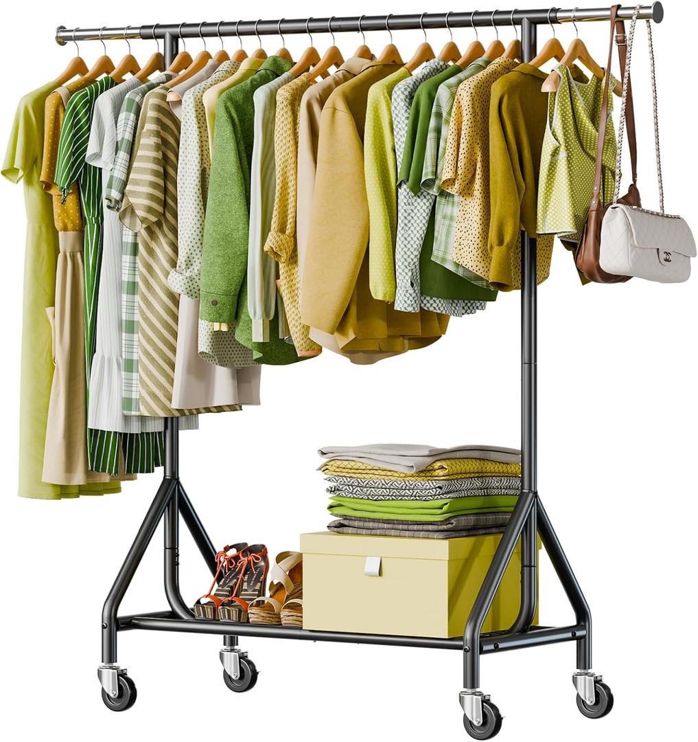 Clothes Rack Load 450 LBS, Heavy Duty Garment Rack, Standing Rolling Metal Hanging Clothes with Sturdy Wheels & Shelves, Black