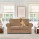WEERRW Velvet Couch Covers for 2 Cushion Couch Sofa - High Stretch Luxury Velvet Plush 3 Pieces Sofa Slipcovers with Elastic Bottom, Furniture Protector for Pets, Machine Washable, Camel, Medium