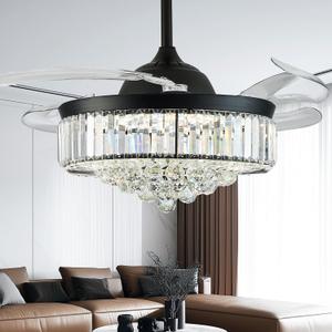 36'' Dimmable Fandelier Crystal Chandelier Ceiling Fan,Modern Black Retractable Ceiling Fan with Lights and Remote for Bedroom Living Room Dining Room