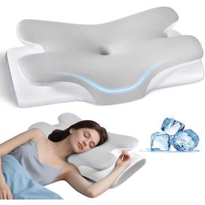 Tujami Cervical Neck Pillow for Neck Shoulder Pain Relief, Soft Contour Side Sleeper Pillow of 2 Heights, Odorless Q-max Cooling Memory Foam Orthopedic Bed Pillow for Back Stomach Sleeper, Size 22,8 x 18,5 x 8,7"/4"