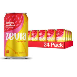 Zevia Zero Sugar Soda, Strawberry Lemon Burst, 12 oz Cans (24-Pack) Naturally Sweetened, Zero Calorie Sugar Free Soda - Non-GMO Project Verified, Gluten-Free, Vegan, BB 122926