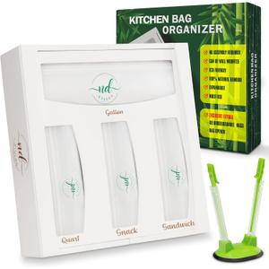 Sandwich Bag Organizer For Drawer - 6 in 1 Bamboo Foil and Baggie Storage Organizer - No Assembly Required - Includes 60 Eco Bags & Baggie Holder - Suitable for Wall & Drawer Storage