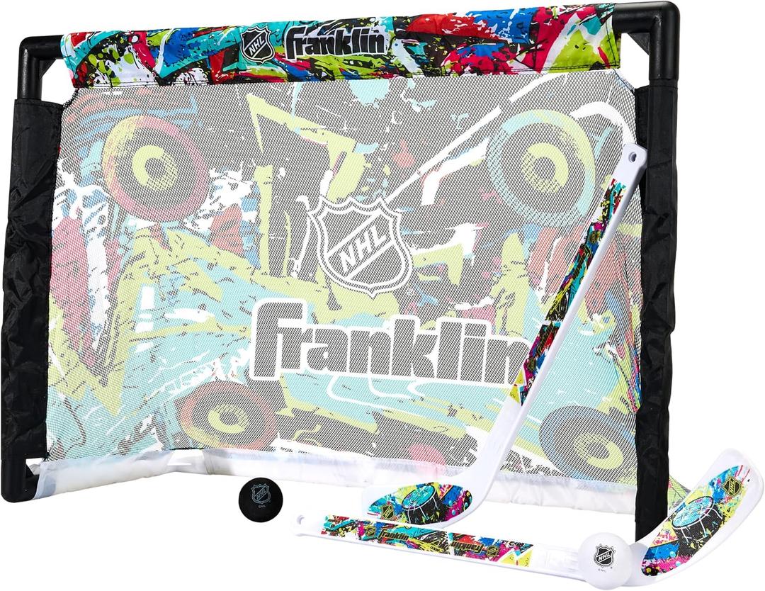 Franklin Sports NHL Kids Mini Hockey Set - Includes (1) Knee Hockey Goal, (2) Mini Sticks + (2) Foam Balls - Indoor Toy Youth Goal + Sticks Set - Graffiti, 28" X 20"