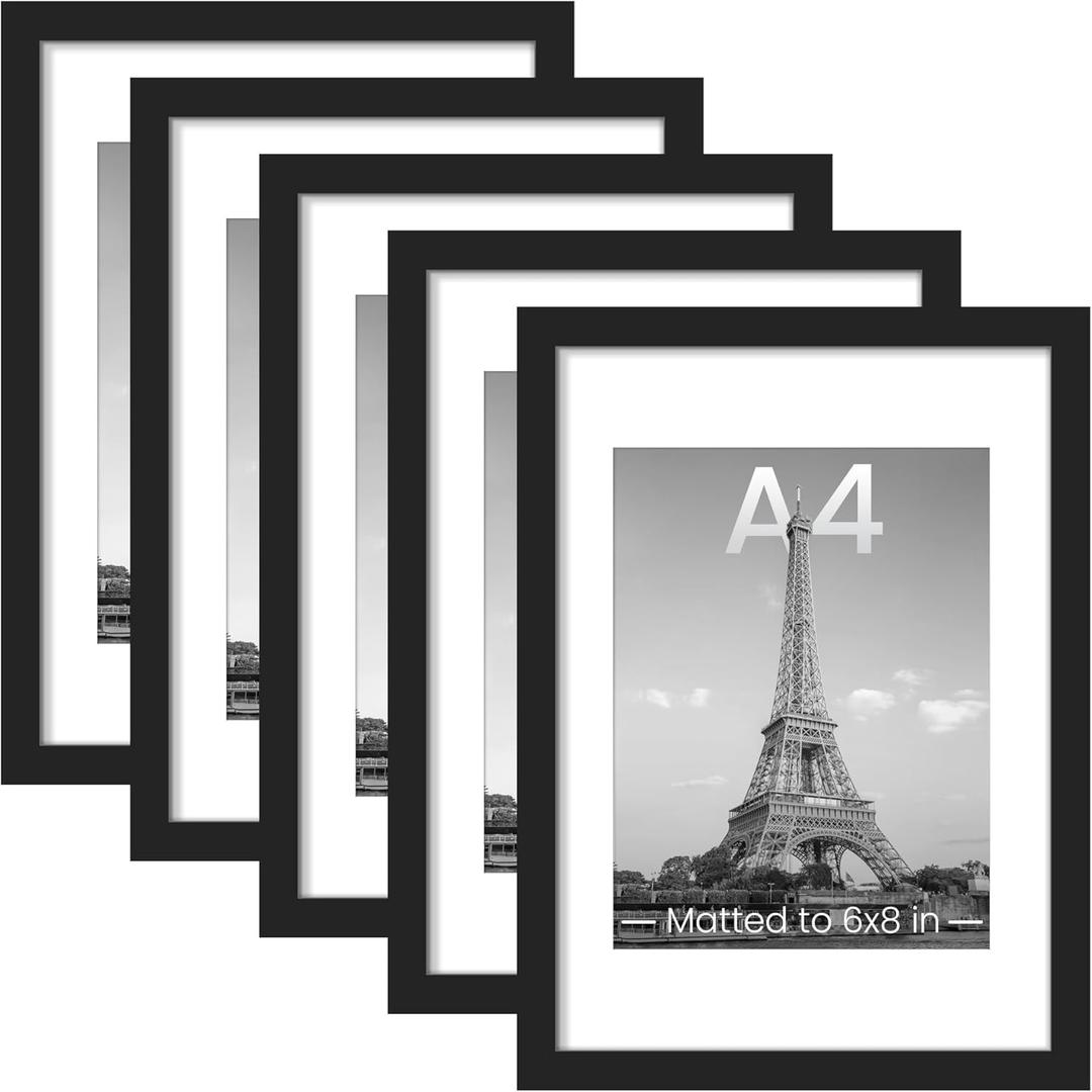 upsimples A4 Picture Frame Set of 5, Display Pictures 6x8 with Mat or 8.3x11.7 Without, Wall Gallery Poster Frames, Black