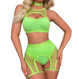 Women Rave Outfits Cutout Fishnet Top Booty Shorts Bottom Choker 3Pcs Babydoll Nightwear Festival Lingerie (X-Large, Fluorescent Green)