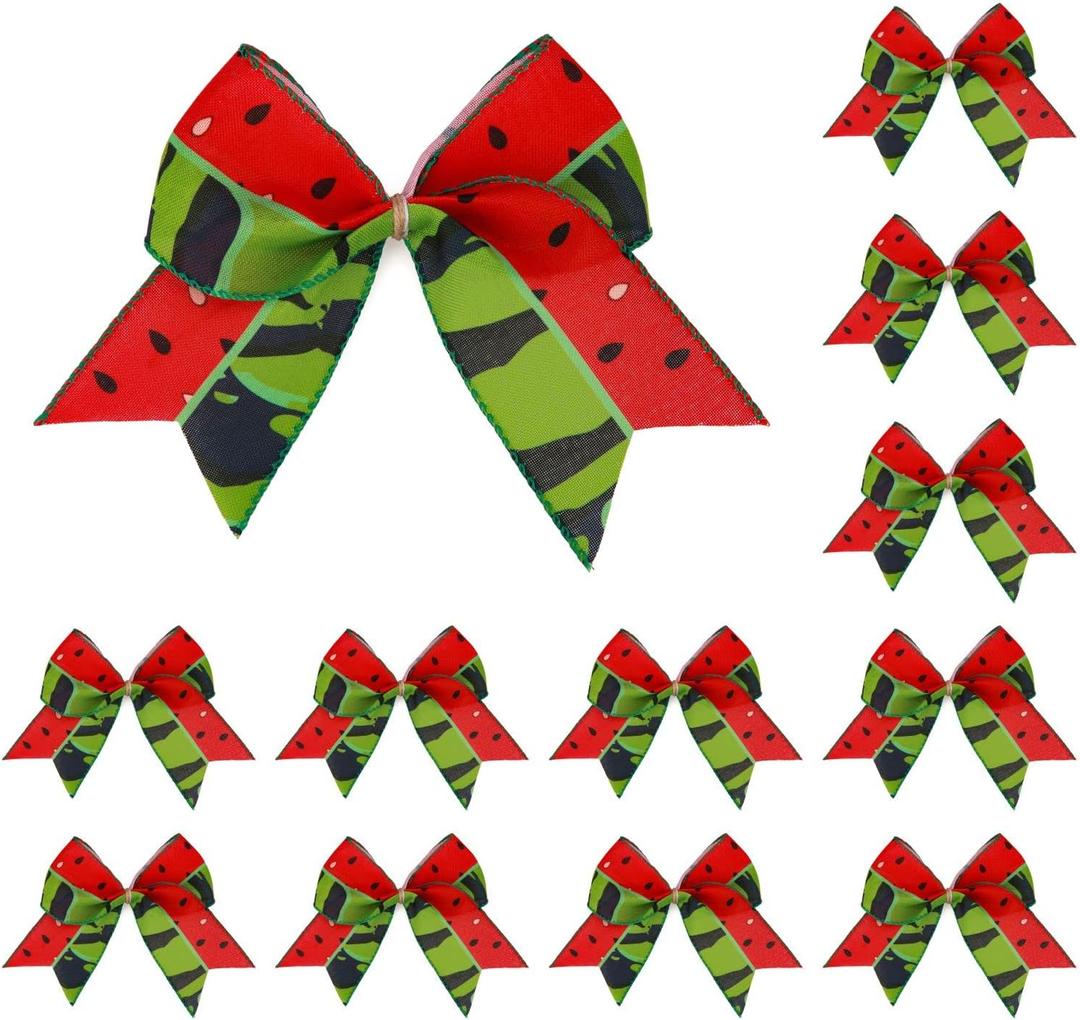 Meseey 12 Pcs 6 Inch Watermelon Bow Red and Green Summer Wreath Bows for Watermelon Themed Party, Birthday, Wedding, Party Decorations Supplies