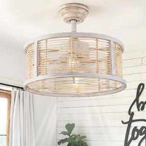 hummingbird 20 Inch Rattan Caged Ceiling Fan with Light, Boho White Fandelier Ceiling Fan with Lights and Remote, Enclosed 6 Speed for Bedroom Kitchen Dining Room