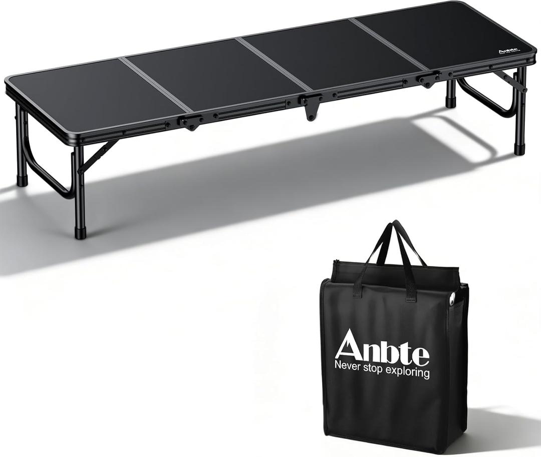 Anbte 4ft Low Folding Picnic Table, Thicker Aluminum Small Camping Table with Storage Bag, Portable Handle, Lightweight, for Camping Beach Party Picnic Floor, 45.67" x 15.7" x 10.3", Black