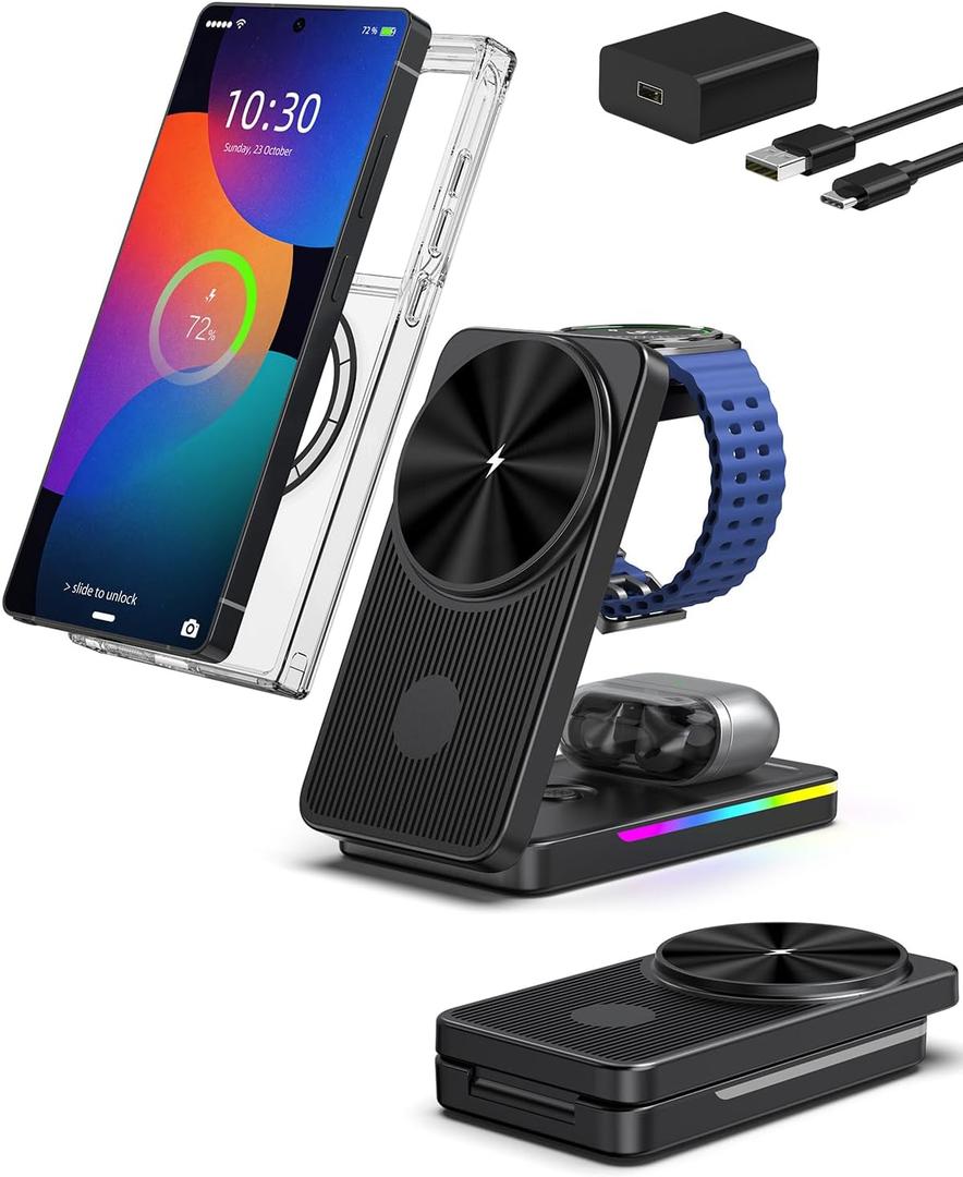 Magnetic Wireless Charger for Samsung Galaxy S26 Ultra, 3 in 1 Wireless Charging Station for Samsung Watch 8, Travel Foldable MagSafe Charger Stand for Android S25 Ultra/Z Fold/Z Flip 7, Buds 4 Pro (Black)