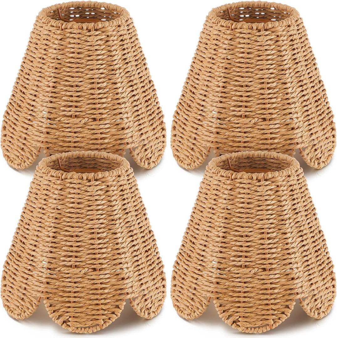 Glooglitter Small Clip-on Chandelier Rattan Lamps Set Shade Scalloped Lampshade 3"top x 6"bottom x 5-1/4"slant Height Empire Lamp Shade Chandelier or Accent Lamp(Paper Rope,Naturals,4 Pcs)