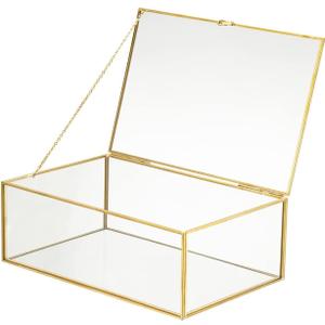 10.8 Glass Jewelry Box Gold Card Box with Hinged Lid, Gold Keepsake Box for Storage Wedding Card, Trinkets, Photo and More, Cute Glass Box for Women and Girl,Vintage