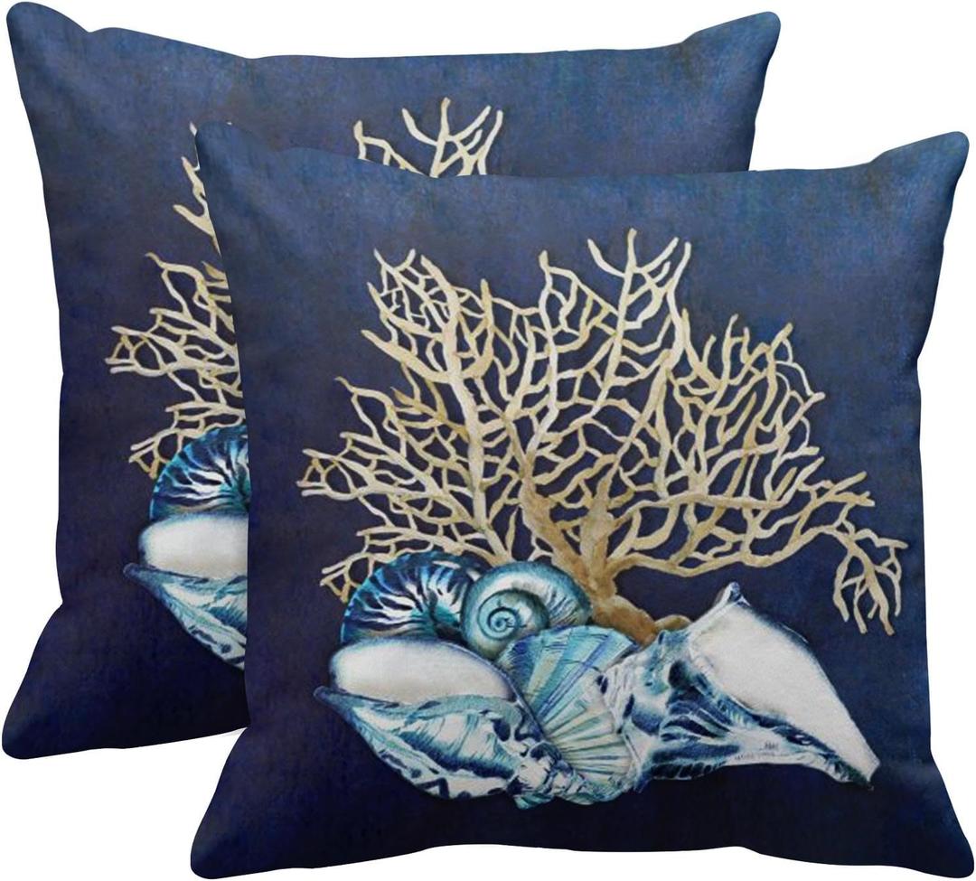 Emvency Throw Pillow Cover Blue Seashore Indigo Ocean Coral Seashells Beach House Gray Coastal Decorative Pillow Case Home Decor Square 20 x 20 Inch Pillowcase