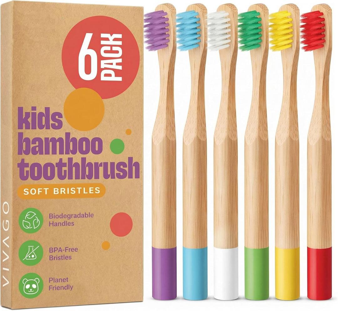 VIVAGO Kids Toothbrush with Soft Bristles 6 Pack - Toddler Toothbrush with Colorful Bamboo Handles // Kids Bamboo Toothbrushes // Kid Tooth Brush // Childrens Toothbrushes Set