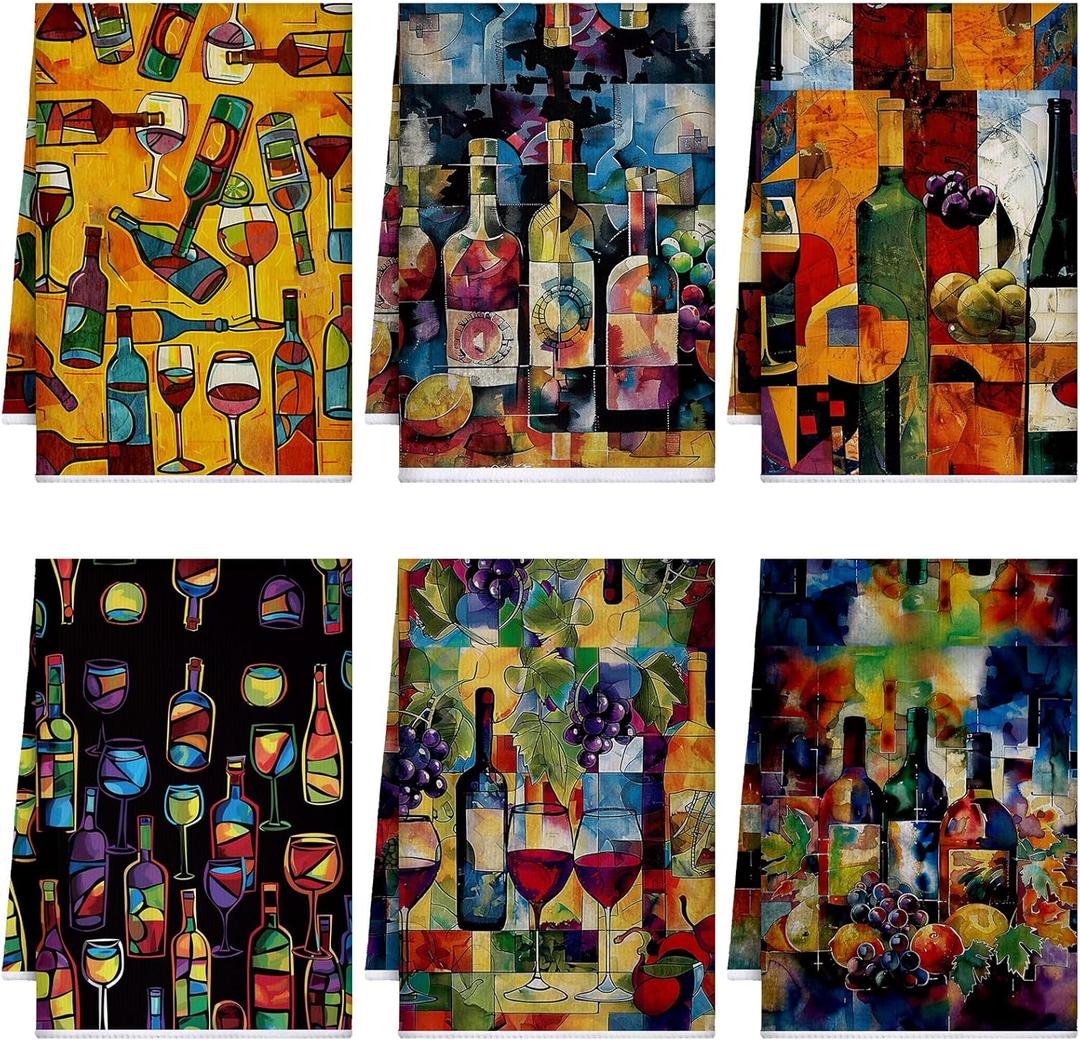 Bencailor 6 Pcs Picasso Wine Kitchen Towels Decorative Sets Dish Towels Absorbent Fast Drying Hand Tea Vintage Hanging Reusable Cleaning Dishcloths for Cooking Farmhouse Bathroom Accessory