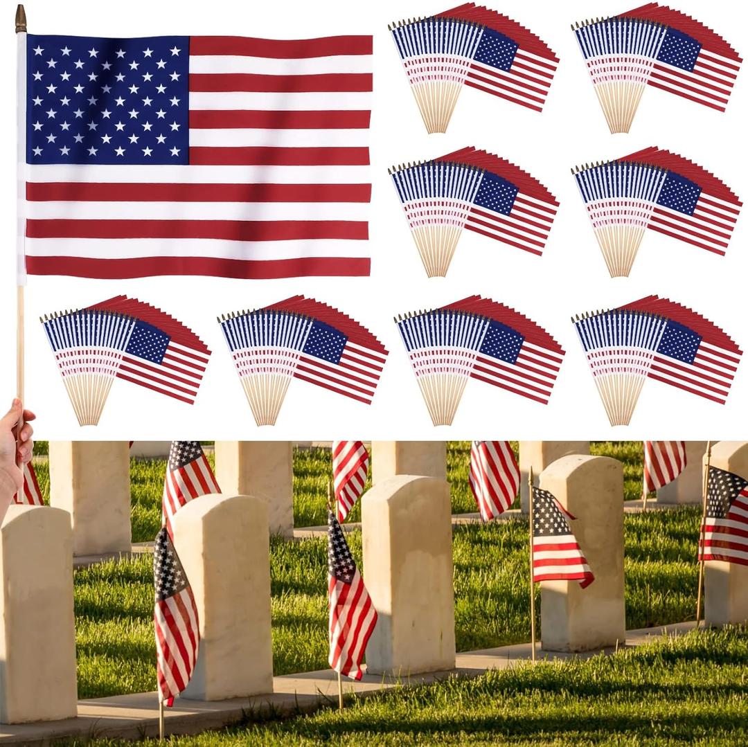 Tudomro 100 Pcs Small American Flag on Stick 12x18 In Mini Small US Flags Handheld with Safety Golden Spear Top 4th of July Decoration American Hand Held Stick Flags for Memorial Day