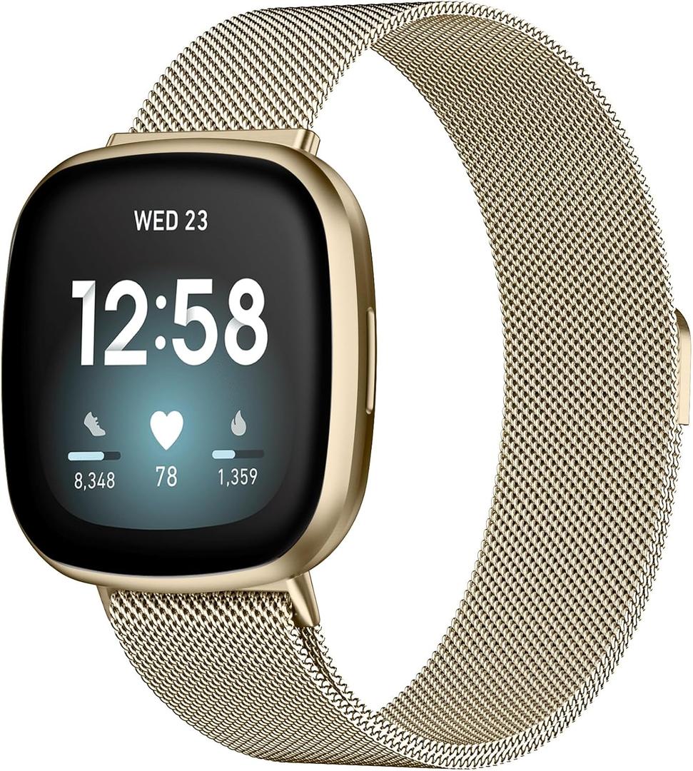ZWGKKYGYH Bands Compatible with Fitbit Sense 2/Sense/Versa 3/Versa 4 Smartwatch Women Men, Stainless Steel Metal Mesh Magnetic Band Replacement for Sense/Versa 3/4, Small Champagne (S: 5.5" - 7.5")