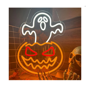 Halloween Ghost Pumpkin Neon Sign,Ghost Face Neon Light Spooky Pumpkin Neon Light Up Signs Dimmable LED Halloween Skull LED Sign for Bedroom Game Room Mancave Bar Halloween Party