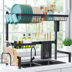 Dish Drying Rack Over The Sink - Large Capacity Stainless Steel Dish Drainer, Multifunctional Kitchen Organizer, Black, 11" D x 30"~33.9''W x 21.5" H