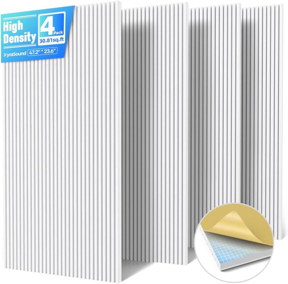 4 Pack Large Acoustic Panels Sound Absorbing with Self-Adhesive, 47.2”*23.6”*0.36” High Density Sound Proof Foam Panels for Walls, 3D Vertical Soundproof Wall Panels for Home Studio Office Decor-White