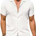DEMEANOR Mens Short Sleeve Button Down Shirts Textured Linen Shirts for Men Casual Button Up Summer Beach Shirt Vacation (Small, All White)
