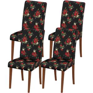 Waterproof Chair Covers Dining Room Set of 4,Printed Patterned Stretch Non Slip Chair Slipcover Removable Washable Kitchen Chair Protector Cover for Home Hotel Banquet Party (Red White Rose Floral)