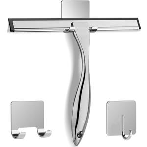 All-Purpose Stainless Steel Shower Squeegee for Shower Glass Door with 2 Adhesive Hooks, Bathroom Cleaner Tool Household Window Mirror Squeegee, Cleaning Tile Wall, Car, 10 Inch Silver