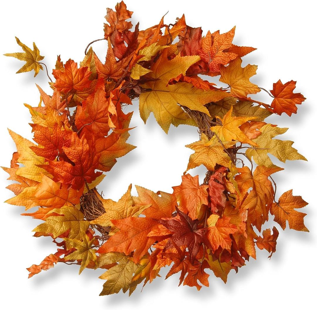 Artificial Autumn Wreath, Decorated with Maple Leaves, Autumn Collection, 24 inches
