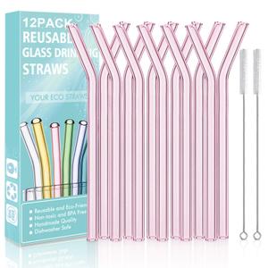 Reusable Bent Glass Drinking Straws,Set of 12 Bent Straws With 2 Cleaning Brushes,Shatter Resistant,Non-Toxic,Eco Friendly Reusable Straws (Pink 12 Pack)