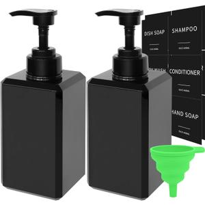 Black Soap Dispenser with Waterproof Labels, Thickened Plastic Hand Soap Dispenser for Bathroom, Kitchen Dish Washing Liquid Bottles, Shampoo and Conditioner Bottles with Funnel (15oz 2Pack Black)