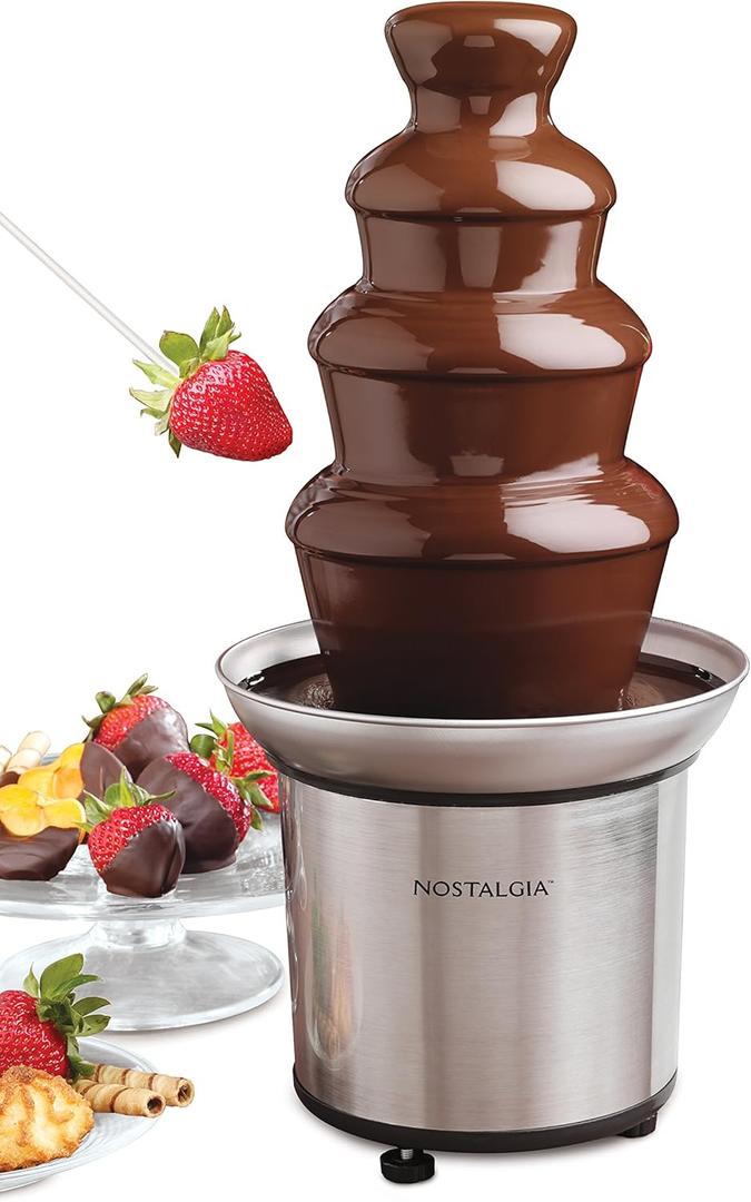 Nostalgia 4 Tier Electric Chocolate Fondue Fountain Machine for Parties - Melts Cheese, Queso, Candy, and Liqueur - Dip Strawberries, Apple Wedges, Vegetables, and More - 32-Ounce - Stainless Steel (4 Tier)