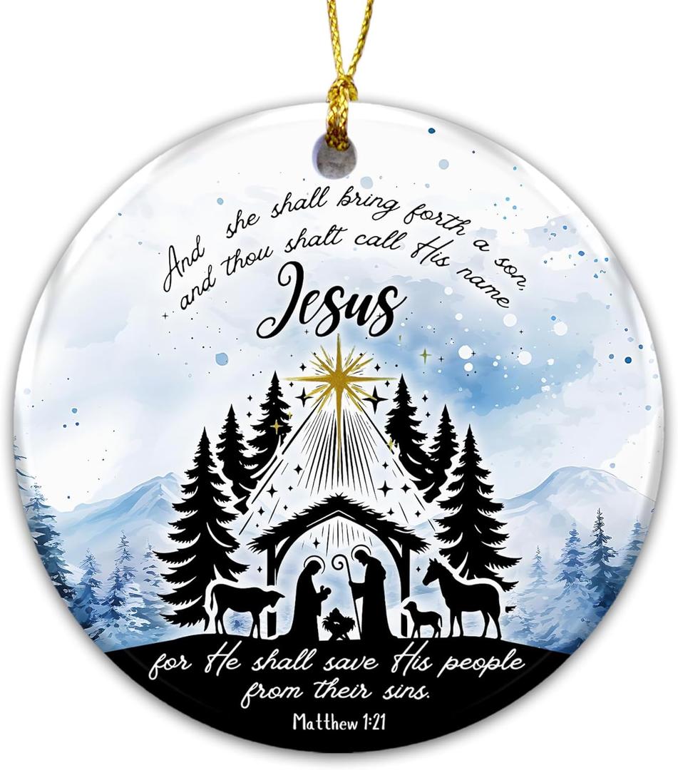 2 x Christian Nativity Ornament  and Thou Shalt Call His Name Jesus Matthew 1:21  Religious Ceramic Christmas Ornament with Holy Family Scene, Scripture Verse, and Faith-Based Holiday Dcor & Gift