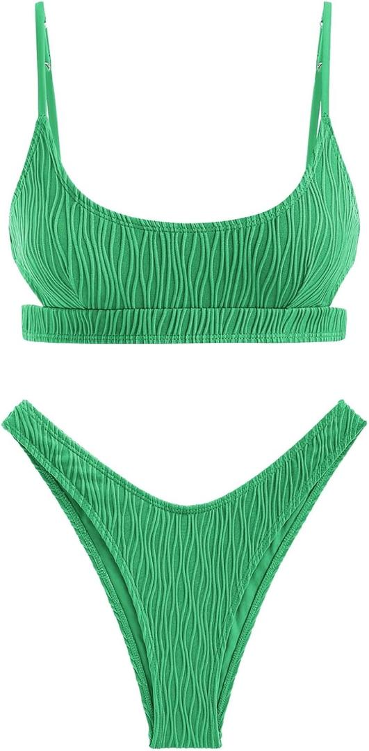 ZAFUL Womens Bikini Swimsuits High Cut Bikini Sets Textured Cutout Scoop Neck Solid Swimsuit Two Piece Bathing Suit (3-Green, M)