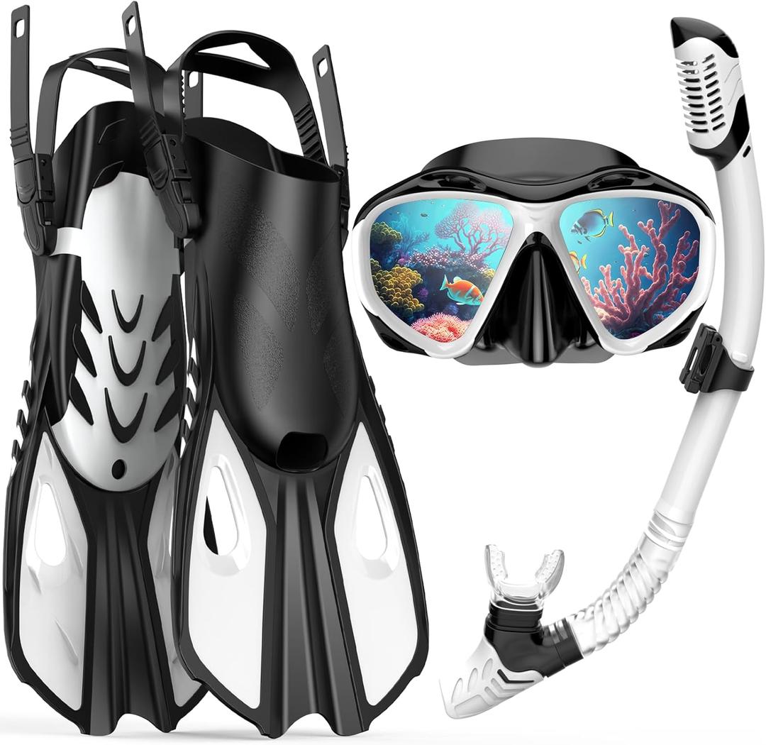 Mask Fin Snorkel Set, Travel Size Snorkeling Gear for Adults with Panoramic View Anti-Fog Mask, Fins, Dry Top Snorkel for Swimming Training, Snorkeling Kit Diving Packages (Large-X-Large, White)