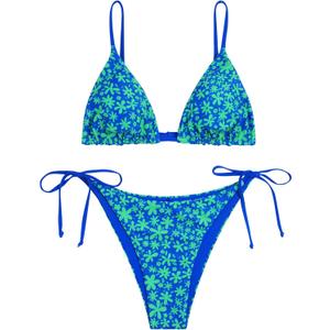ZAFUL Women's Triangle Bikini Floral String Bikini Set Two Piece Swimsuit Bathing Suits (Blue), Medium