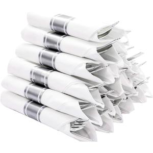 N9R 75 Pack Pre Rolled Silver Plastic Cutlery Set, 75 Pieces (75 Forks, 75 Knives, 75 Spoons, 75 Napkins), Disposable Silverware Set for Party, Wedding, Modern Style