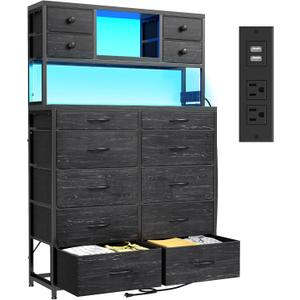 Black Dresser with Multiple Fabric Drawers, Dresser for Bedroom with Charging Station and LED Lights,Dressers & Chests of Drawers for Bedroom, Steel Frame & Wooden Top, Entryway