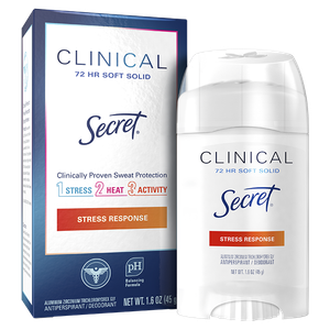 Secret Clinical Strength Antiperspirant Deodorant for Women, Stress Response, 100hr Sweat & Odor Protection, 3X Stress Protection with Hyaluronic Acid, PH Balanced, Invisible Solid, 1.6 oz 