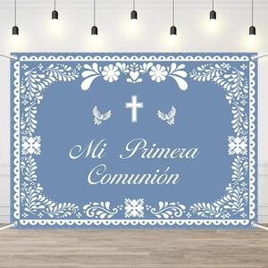 AIBIIN 7x5ft Mi Primera Comunin Banner Backdrop for Boys Blue Mexican Baptism Party Decorations God Bless First Holy Communion Photography Background Mexican Cielito Lindo Banner Photo Supplies