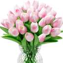 U'Artlines 30Pcs Fake Tulips Artificial Flowers with Stems Faux Tulips Bouquet Real Touch Flower for Wedding Home Kitchen Spring Easter Mother's Day Floral Arrangement Decor (Light Pink)
