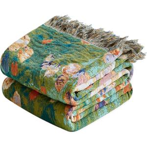 LUTBM Boho Throw Blanket for Bed Cotton Spring Blankets Twin Size for Bedroom Living Room All Season Lightweight Floral Embroidery Reversible Quilt for Couch Sofa Chair 60"x80" Home Decor (Floral Green Garden)