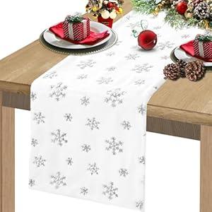 LuoluoHouse Christmas Table Runners 48 Inches, White Faux Fur Table Runner with Silver Sequin Snowflakes Xmas Table Runner for Wedding Birthday Winter Table Decorations, 13 x 48 Inches