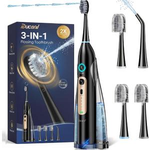 Electric Toothbrush with Water Flosser Combo, 3-in-1 Flossing Toothbrush, Cordless & Rechargeable for Travel, Braces, Sensitive Teeth Cleaning, 3 Modes & 5 Speeds, 30-Day Battery, Black