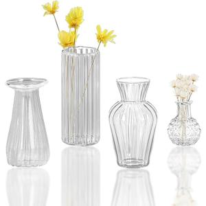 Mini Clear Glass Bud Vases Bulk,Small Ribbed Vintage Miniature Vases for Table Decorations Centerpieces,Flower Vase for Wedding Decor Rustic Decorative,4Pieces (Vertical bar 1.9 inches)