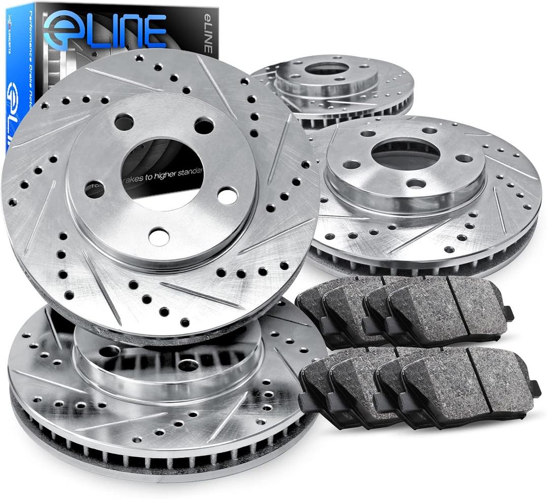 R1 Concepts Front and Rear Brakes and Rotors| Drilled and Slotted Brake Rotors| Front and Rear Ceramic Brake Pads and Rotors Kit| Brake Kit| Automotive Replacement Brake Kits 4 Pack